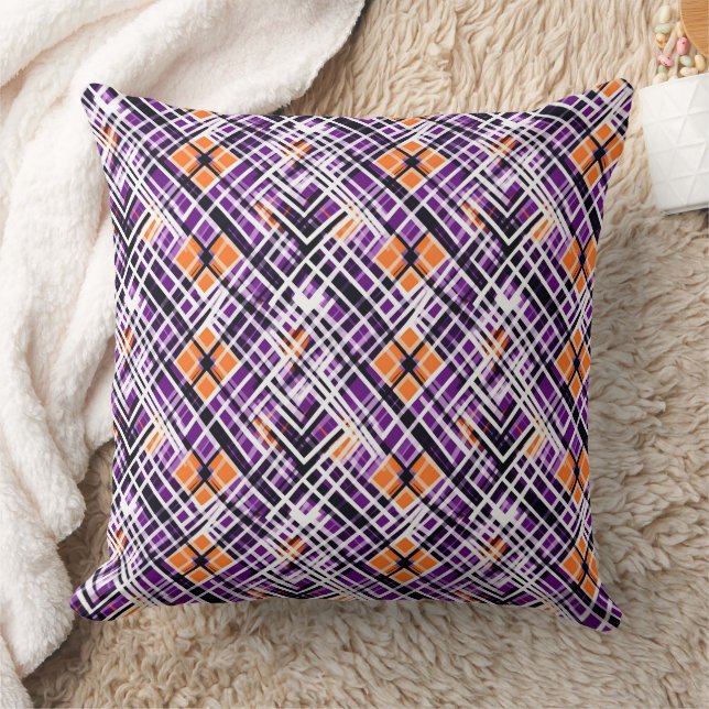 Coussin Geometric Halloween Plaid - Purple, Orange, White (Couverture)