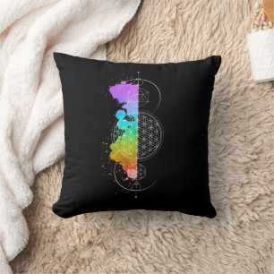 Coussin Géométrie sacrée - Noir avec couleurs Chakra