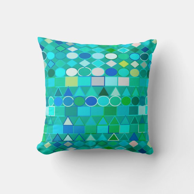 Coussin Géométrie Tribale moderne, Aqua en verre de mer et (Recto)