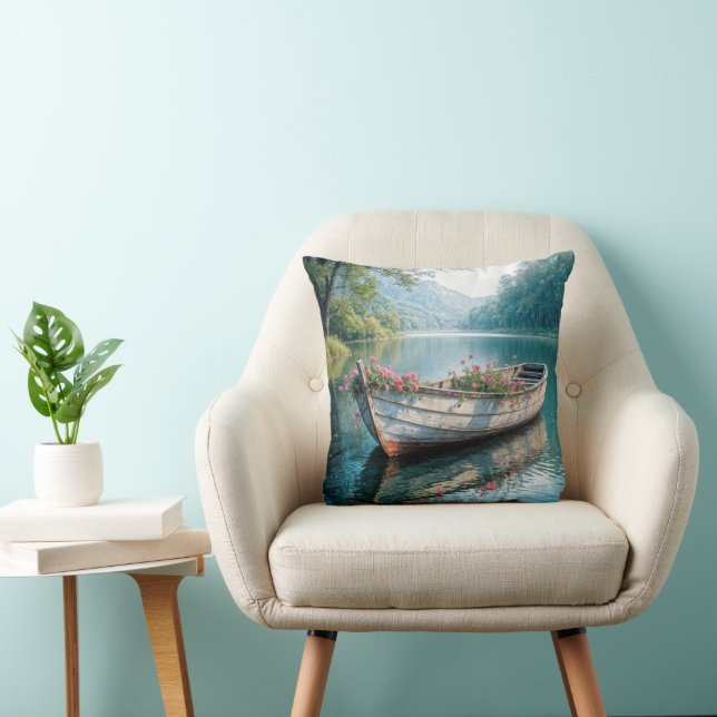 Coussin Geraniums Roses Dans Un Ancien Bateau À Voie (Chaise)