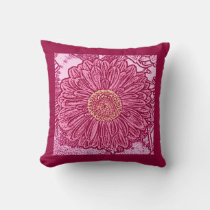 Coussin Gerbera Daisy Block Imprimer, Maroon & Pastel rose