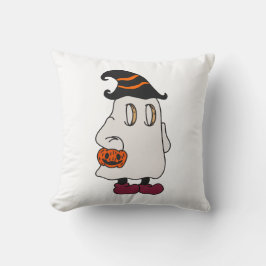 Coussin Ghost holding pumpkin and wearing witch hat