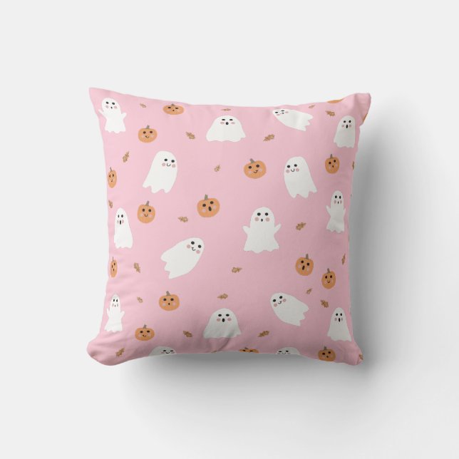Coussin Ghost mignon et Citrouille Motif d'Halloween rose (Recto)