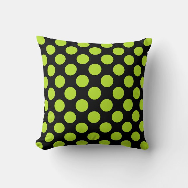 Coussin Giant Lime Green Polka Dots on Black Throw Pillow (Recto)