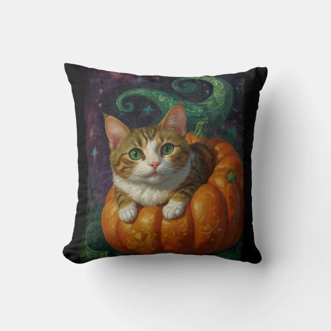 Coussin Gingembre d'Halloween et chaton blanc équitation u (Recto)