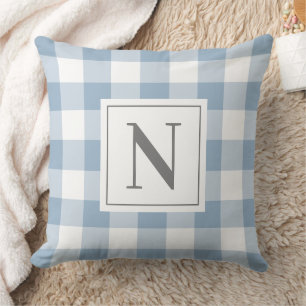 Coussin Gingham à carreaux bleu poussiéreux Monogramme Ini