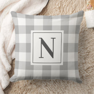 Coussin Gingham à carreaux gris classique Monogramme Initi