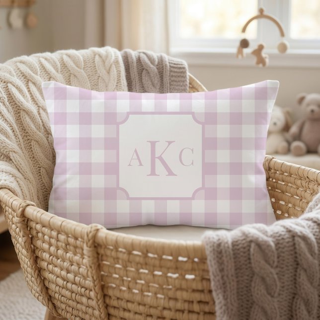 Coussin Gingham à carreaux rose monogrammé  (Pink Gingham Check Monogram Pillow)