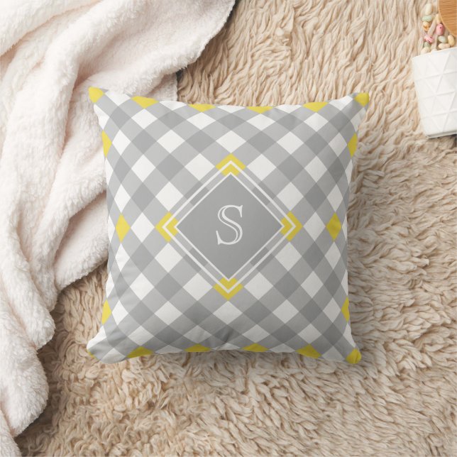 Coussin Gingham Monogramme Moderne Gris Jaune Blanc (Couverture)