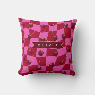 Coussin Gingham Rouge Personnalisé Rétro Nom Personnalisé