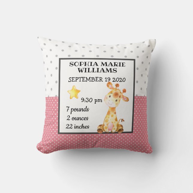 Coussin Girafe Faire-part fille aux statistiques de naissa (Recto)