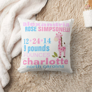 Coussin Girafe rose avec Faire-part de naissance Zag rose
