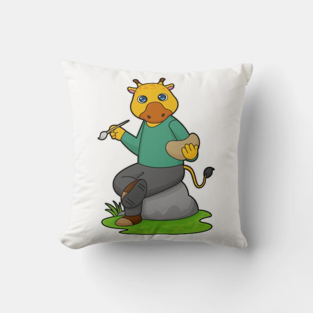 Coussin Giraffe en peintre avec pinceau (Recto)