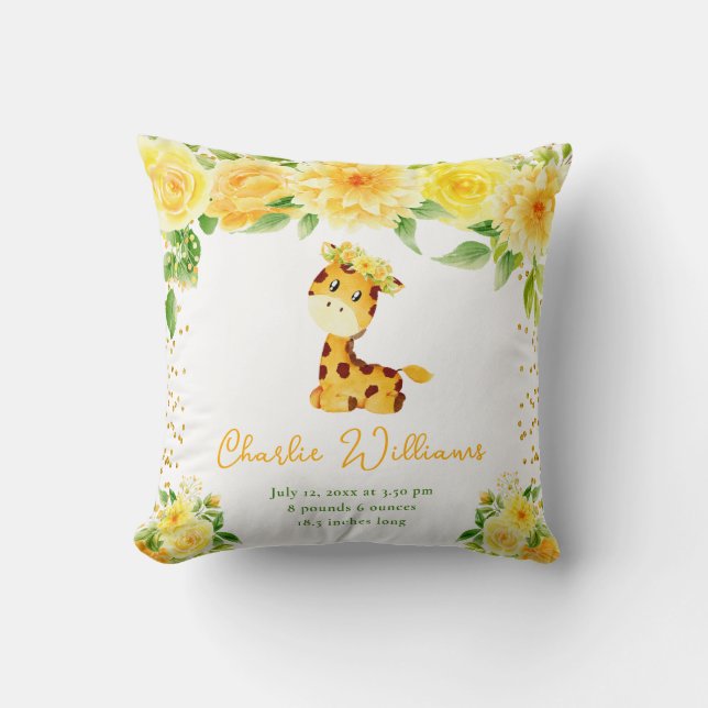 Coussin Giraffe Jaune Statistiques de naissance Florale (Recto)