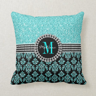 Coussin Girl Aqua Blue Parties scintillant Monogramme Nom 