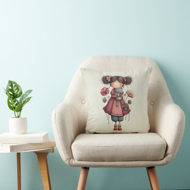 Coussin Girl with A Frog Doll Cute Whimsical (Chaise)