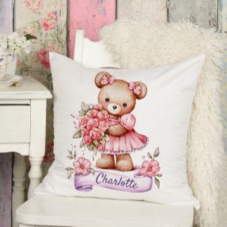 Coussin Girls Cute Nursery Throw Pillow With A Teddy Bear