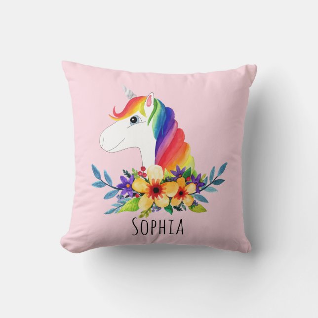 Coussin Girls mignonne Rainbow Unicorn et nom Enfants (Recto)