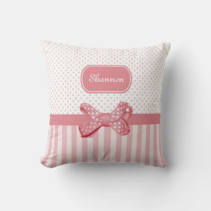 Coussin Girls Rose Stripes Cute Polka Dot Bow Avec Nom