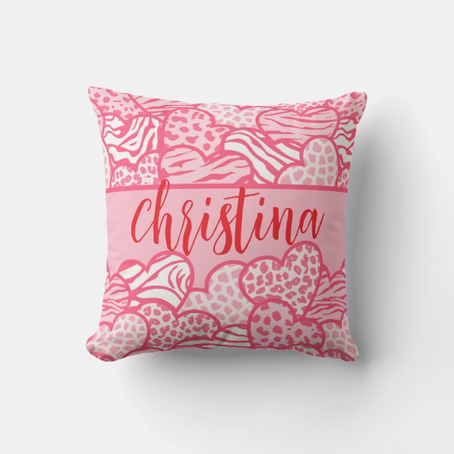 Coussin Girly Blush Rose mignon Animal Imprimer Coeurs Nom (Recto)