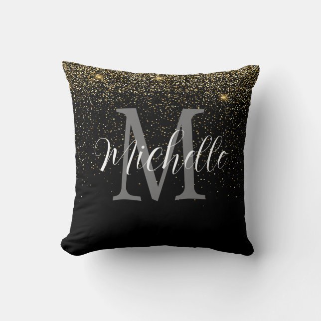 Coussin Girly Gold Noir Pailleté Monogramme et Nom   (Recto)