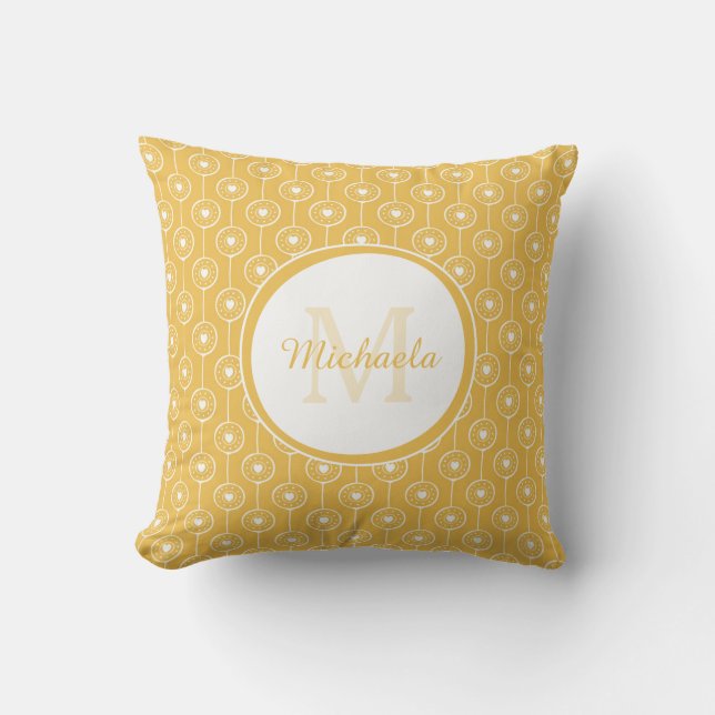 Coussin Girly Mimosa Yellow Monogramme Nom Points de coeur (Recto)