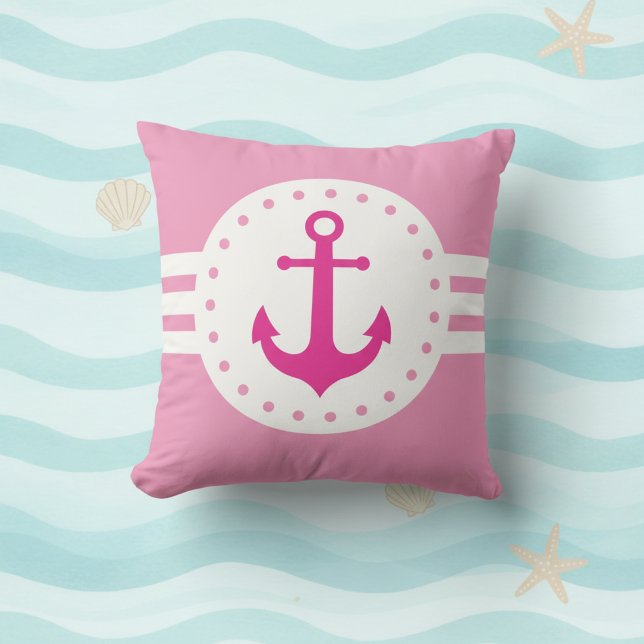 Coussin Girly Pink Nautical Anchor Throw Pillow (Girly pink and white nautical anchor throw pillow.)