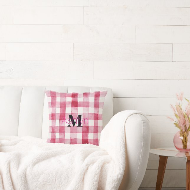 Coussin Girly Pink White Plaid Stripes Monogram  (Canapé)