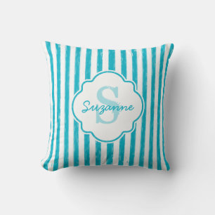 Coussin Girly Turquoise Peint Stripes Monogramme et nom