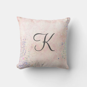 Coussin Glam Chic Monogramme Rose Gris Pailleté Élégant