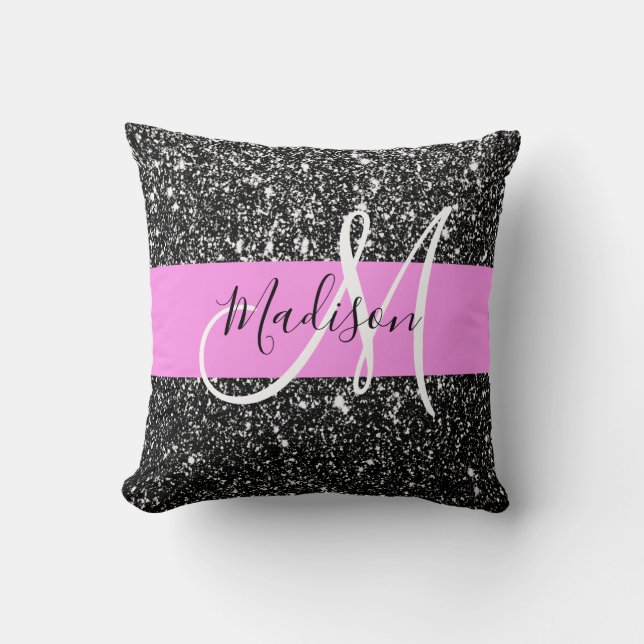 Coussin Glam Chic Rose Parties scintillant noire Nom étinc (Recto)