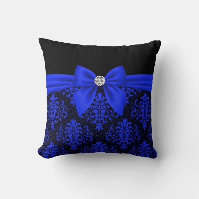 Coussin Glam Royal Bleu Bow Bleu dentelle noir (Recto)