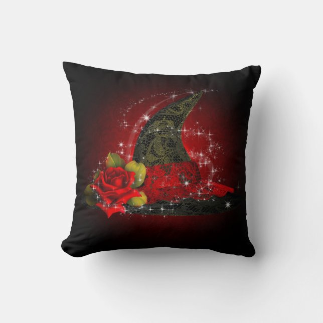 Coussin Glam Sorcière Casquette Lacy Noir Rouge Élégant (Recto)