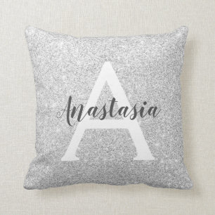 Coussin Glamour Féminin Argent Paillettes Monogramme Nom