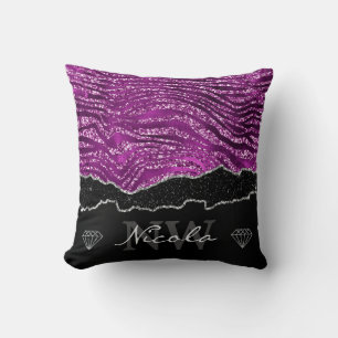 Coussin Glamour Pailleté Rayures de Tigre Monogramme Viole