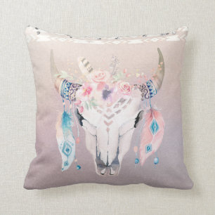Coussin Glamour Rustique Bohème Fleurs Crâne de Vache & Pl
