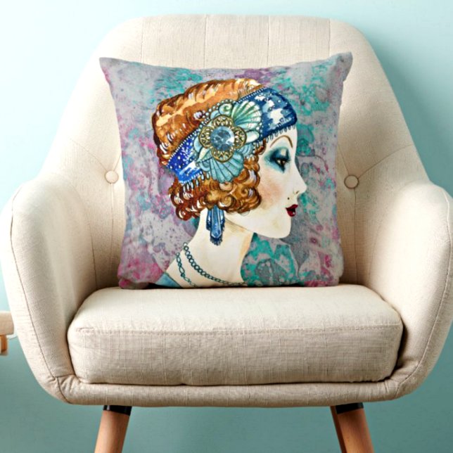Coussin Glamourous Flapper Girl Grey Rose Turquoise Revers (Créateur téléchargé)