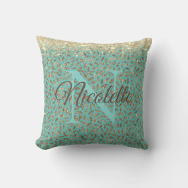 Coussin Glitterie or Monogramme sur Turquoise