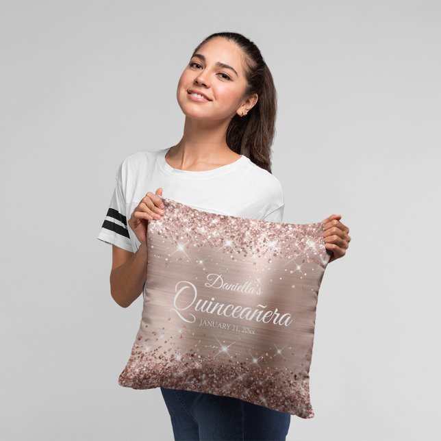 Coussin Glitterie Rose or huile 15 Quinceañera (Rose Gold Mis Quince Throw Pillow)