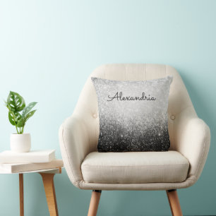 Coussin Glittery Glam Silver et noir Personnalisé