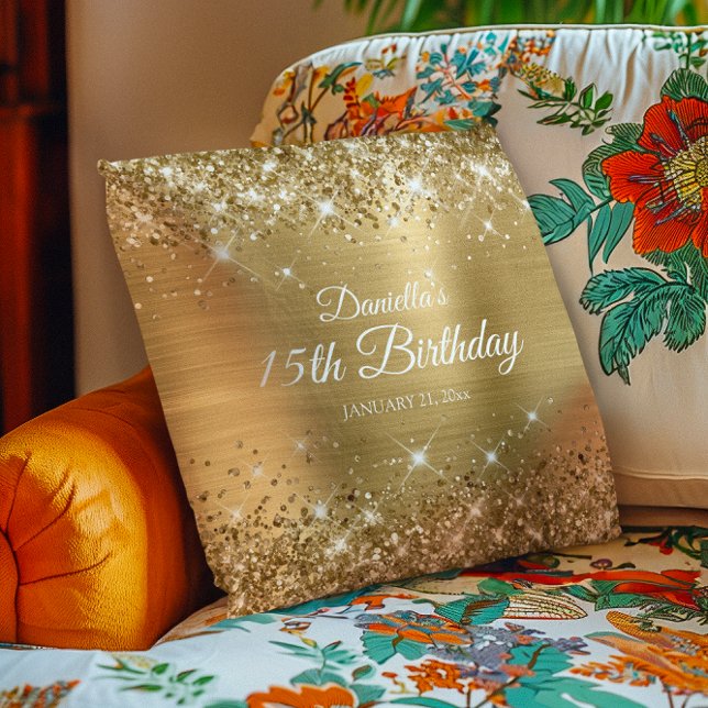 Coussin Glittery Gold Foil 15e anniversaire (Glittery Gold Foil 15th Birthday Throw Pillow)