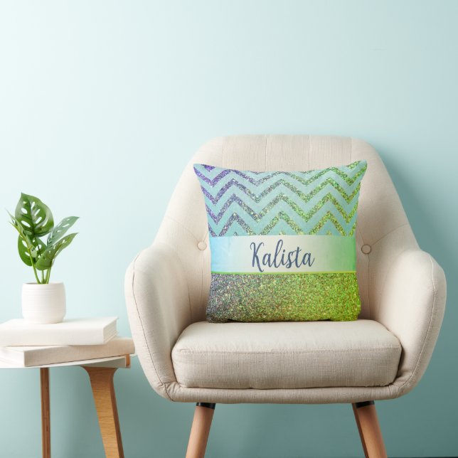 Coussin Glittery Green et Purple Chevron Personnalisé (Chaise)