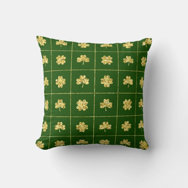 Coussin Gold Foil Shamrock Green Grid Pattern (Recto)