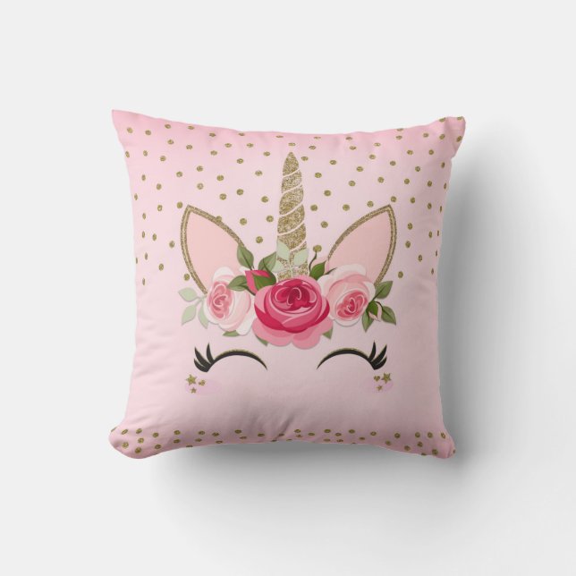 Coussin Gold Glitter & Pink Floral Unicorn (Recto)