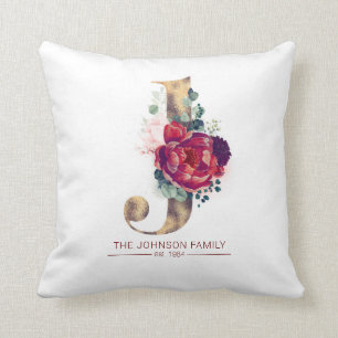 Coussin Gold Glitz J Monogramme Floral Bourgogne Rouge