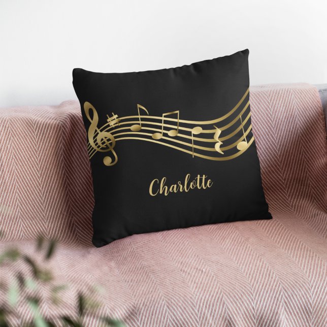 Coussin Gold Music Notes sur Black Elegant Musician (Créateur téléchargé)
