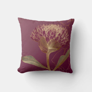 Coussin Gold Protea Flower Burgundy Botanical Linework