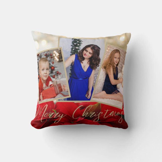 Coussin Gold Red Poinsettia Joyeux Noël 3 Photos (Recto)