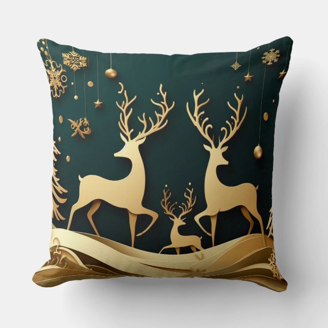 Coussin Golden Forest Waltz – Reindeer & Ornaments (Recto)