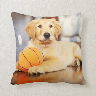 Coussin Golden Retriever avec un jouet de basket